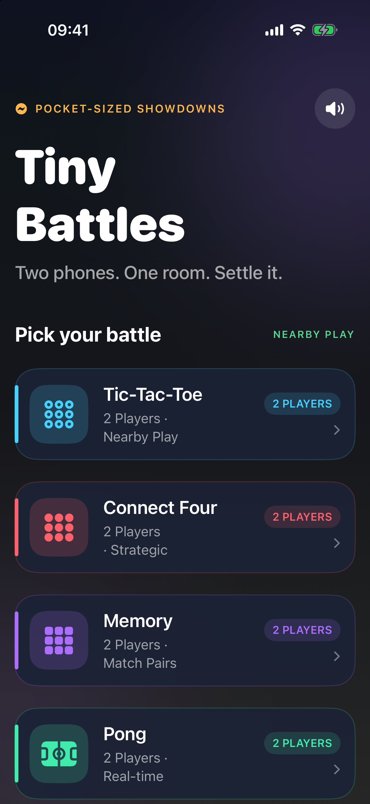 Tiny Battles game selection menu